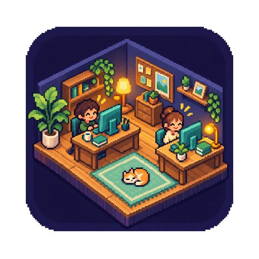 Two pixel teammates working at desks in a cozy office