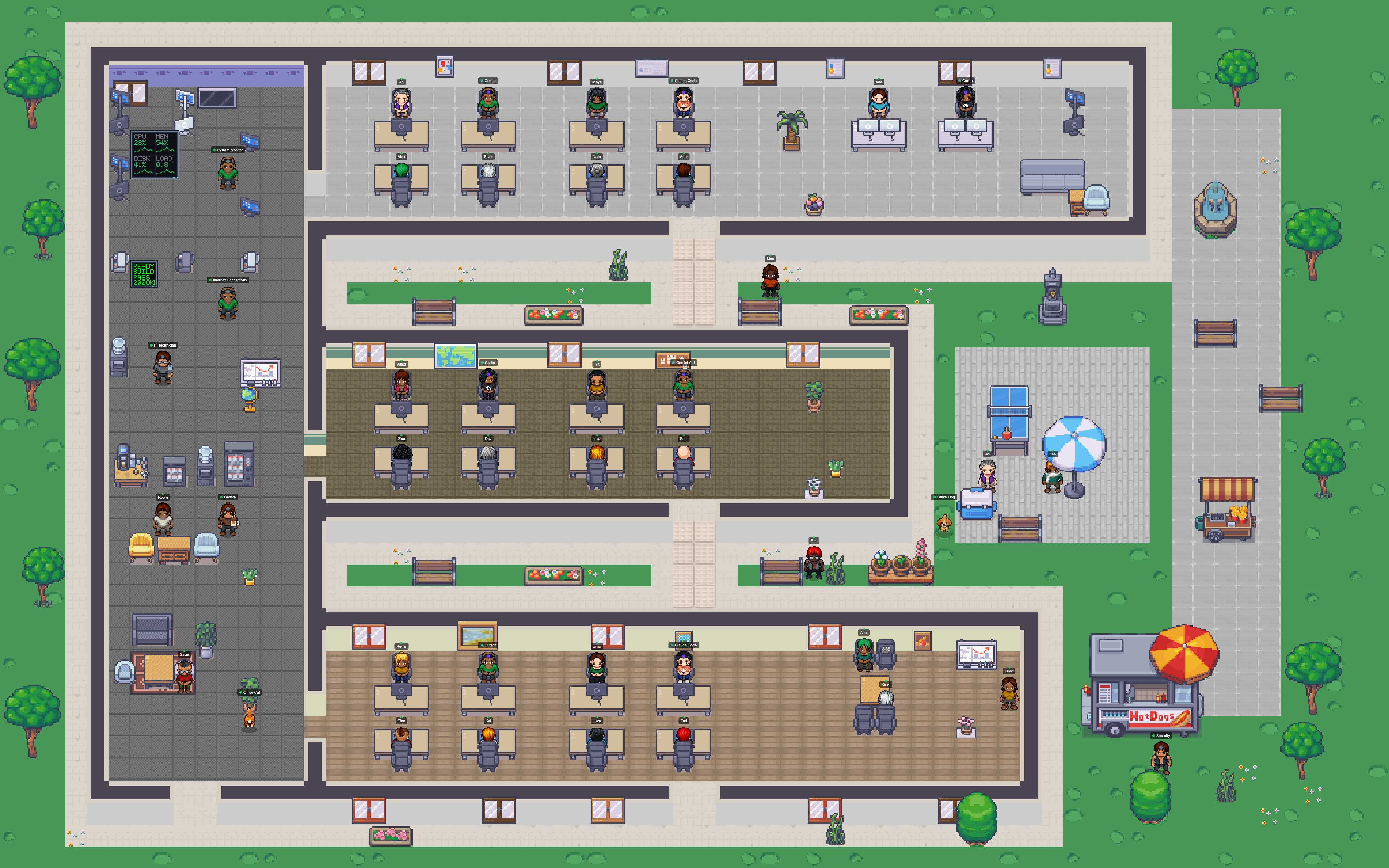 An E-shaped operations campus with three busy work wings, a monitoring spine, pocket gardens, games and street food.