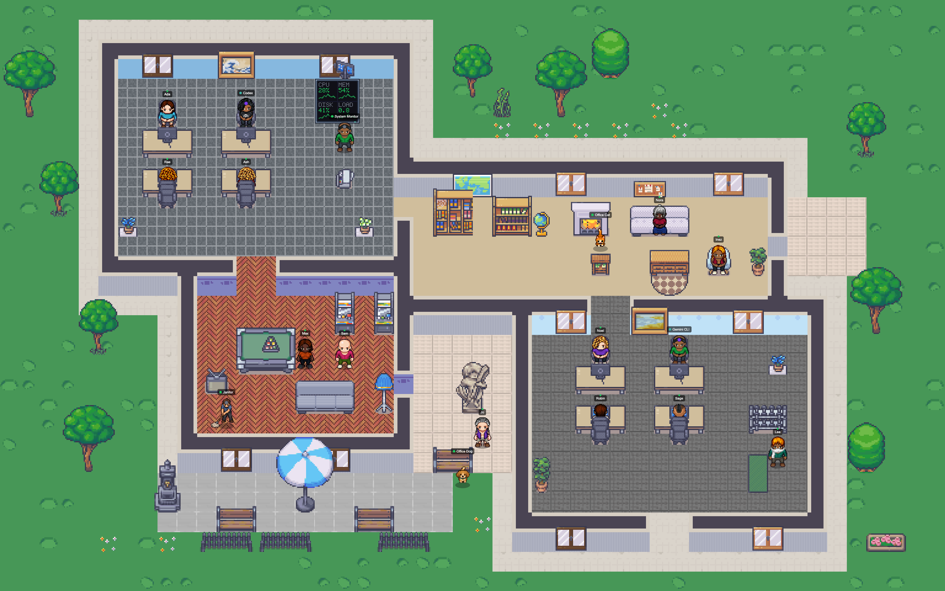 A stepped blue clubhouse joining two work pods with a fireside library, game room, and garden sculpture court.