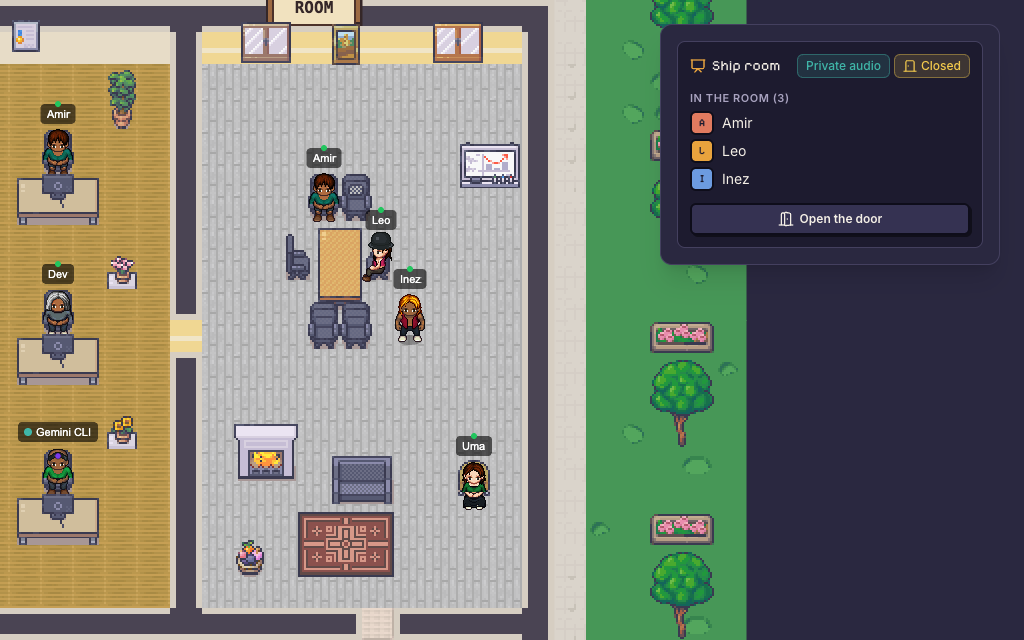 Private meeting rooms have isolated audio and door controls. Teammates can knock to join.