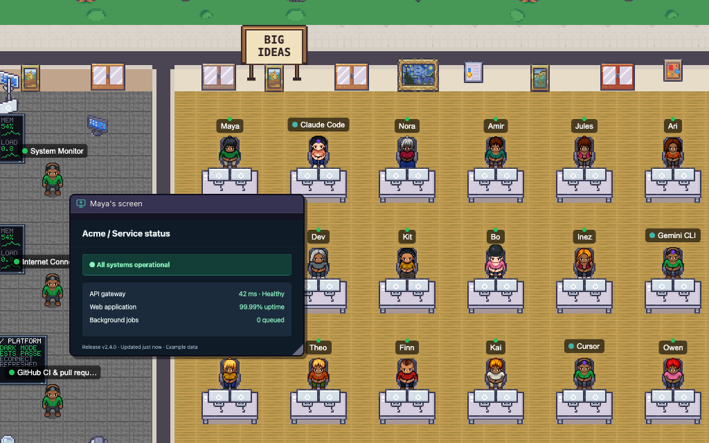 Drag and resize screen-sharing windows inside the office while your team works around them.