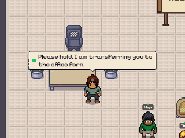 Receptionist in an example Nocville office: None — just conversation.