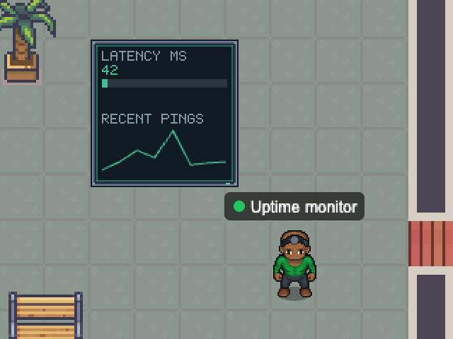 Uptime monitor in an example Nocville office: A status screen with the latest check.