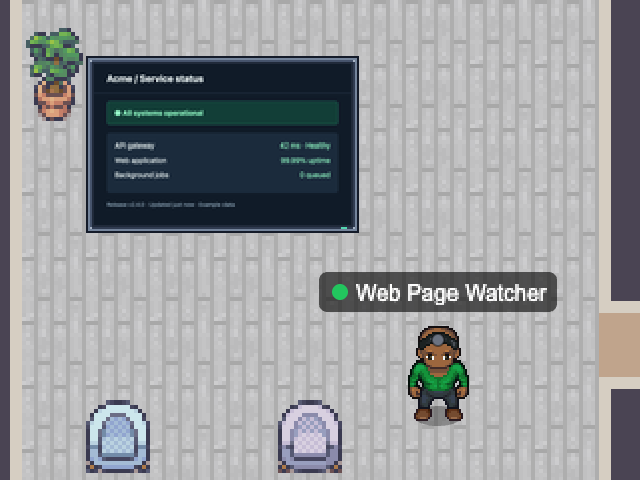 Web Page Watcher in an example Nocville office: A pixel-art TV showing the page.